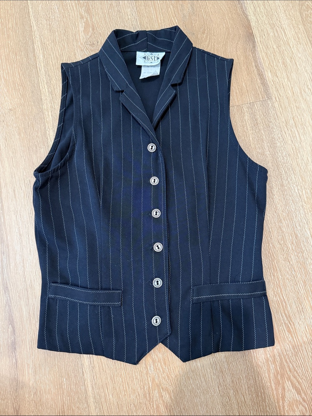Black Pinstripe Sleeveless Button-Down Vest Top - Picture 2 of 7